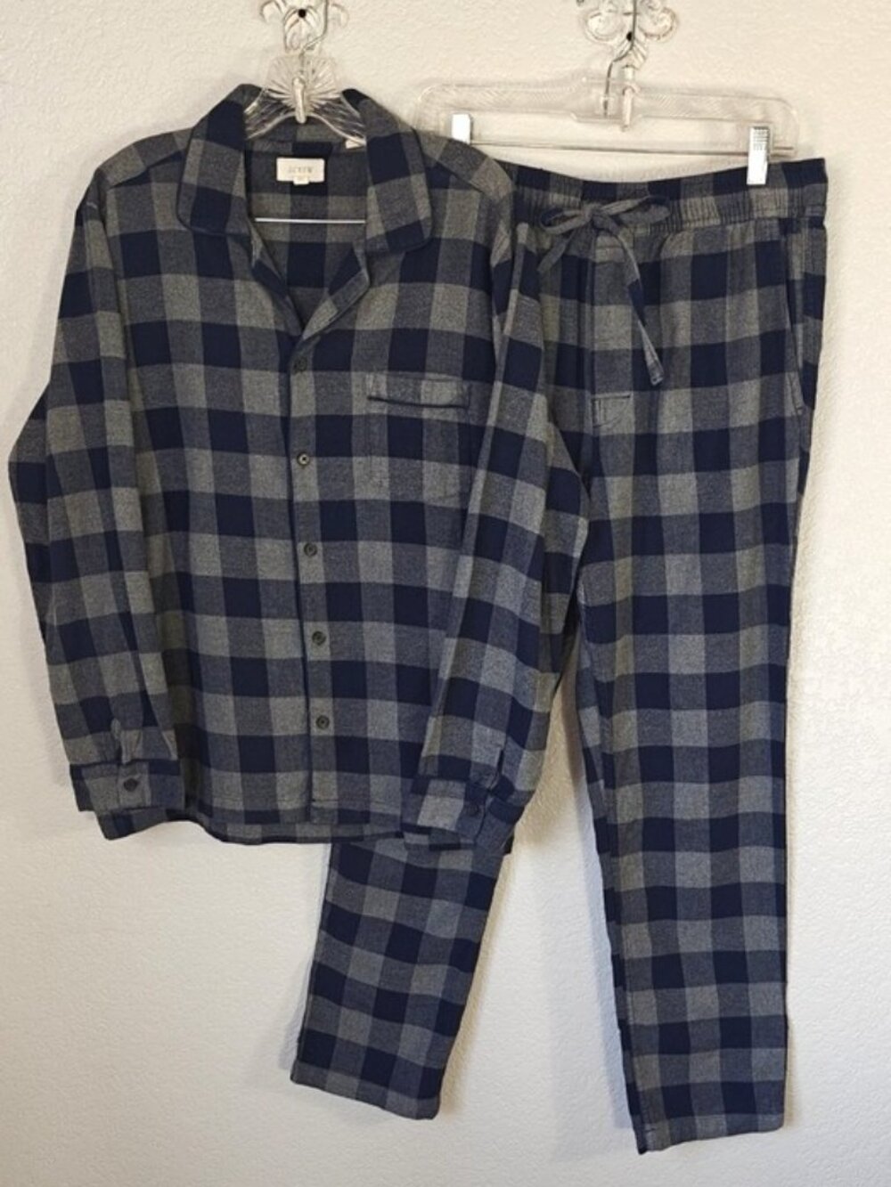 J. Crew M Pajama Set Flannel Navy Gray Plaid Long Sleeve Button Down & Pants